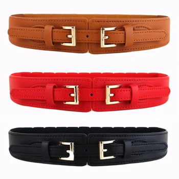 

Lady Women Double Buckle Stretch Belt Faux Leather Dress Waist Band Belt LLBLT0503