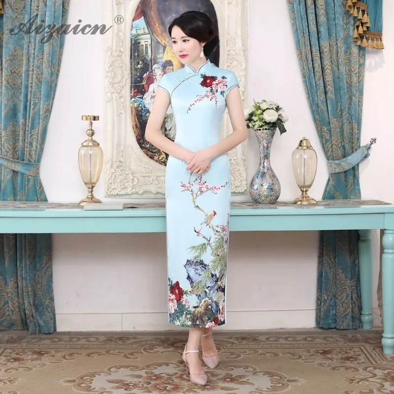 Синий цветок Cheongsam современный Femme элегантный тонкий длинный Qi Pao для женщин Китайская традиционная одежда платье Qipao аналогичный шелковый халат