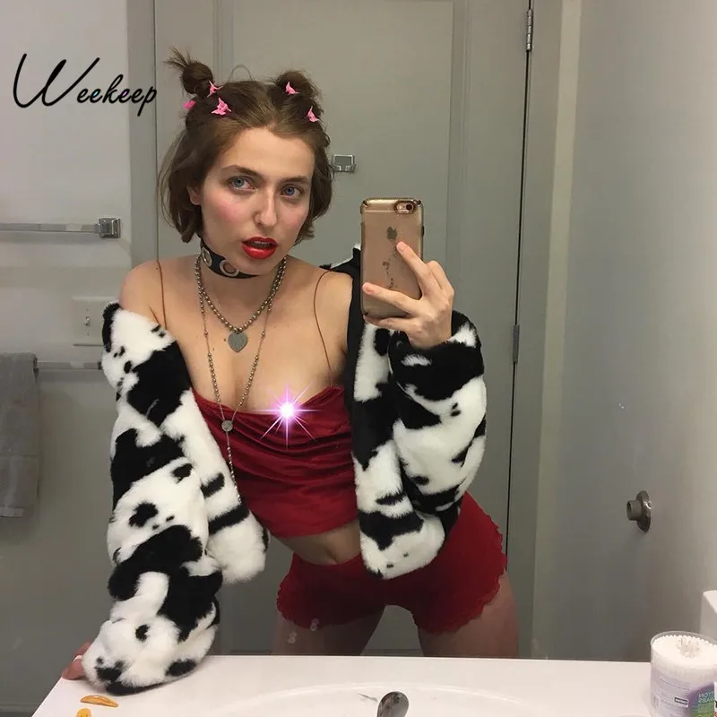 

Weekeep Women Cow Pattern Print Cropped Streetwear Jacket Autumn Winter Fashion Warm Long Sleeve Jackets 2019