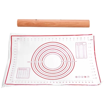 

2 Pcs Kitchen Accessories: 1 Pcs Wooden Flour Dough Rolling Pin Roller Stick 9.2 Inch & 1 Pcs Baking Mat Sheet 60X40Cm