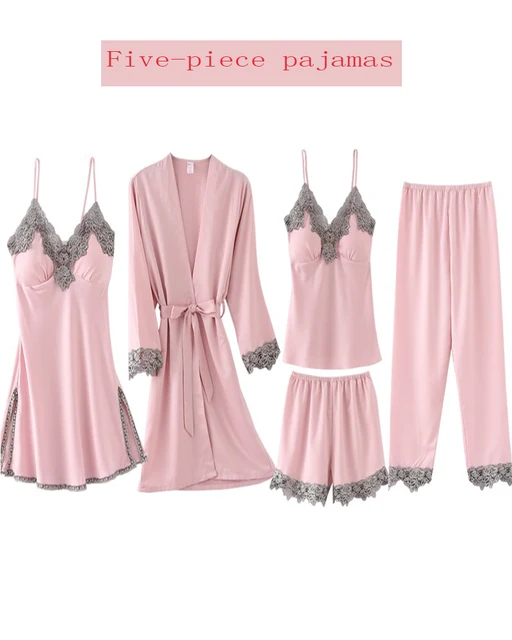 Four seasons new five-piece set with chest pad imitation silk feminine night gown, bathrobe, home service, long-sleeved pajamas pink