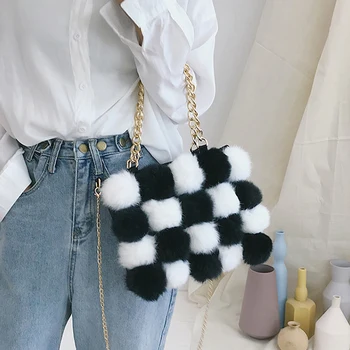 

Casual Plush Ball Stitching Lattice Black White Chain Handbag Simple Shoulder Messenger Bag