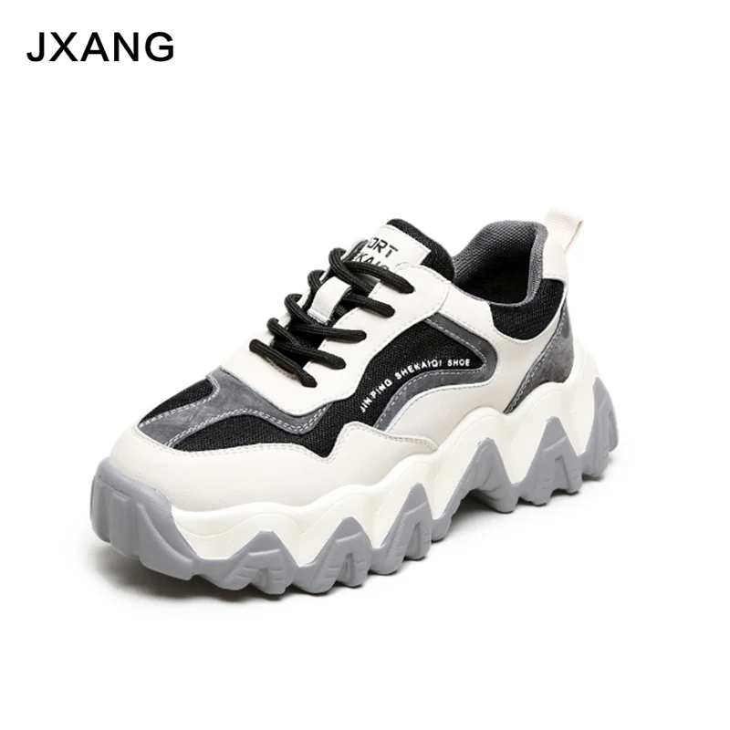 

JXANG Daddy shoes women 2020 spring new sponge cake thick bottom leather color matching casual shoes wild Korean sports style