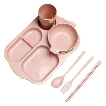 

6pcs Food Container Gift Cute Portable Cup Kid Tableware Set Children Spoon Bowl Travel Cartoon Wheat Straw Baby Feeding Fork