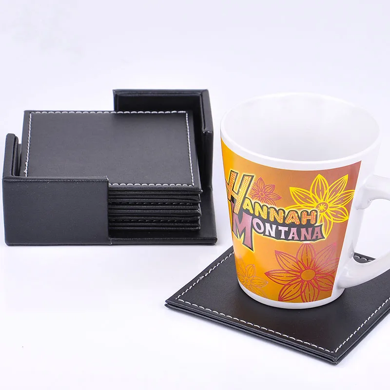 6pcs Set PU Leather Coaster Cup Mat Black Round Square Pad With Storage Box Heat Resistant Waterproof Coaster Home Decoration