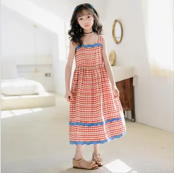 

2020 summer teenage girls plaid cotton strap dress big girl cotton dresses wholesale 10 12 14 16year