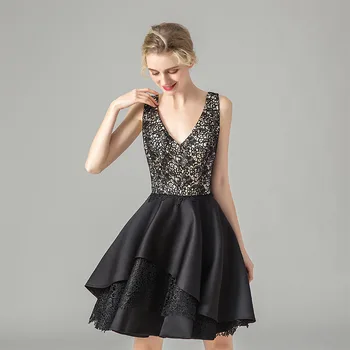 

BacklakeGirls Black Deep V Neck Sleeveless A Line Satin Cocktail Dresses Backless Vestido Formal Corto 2019