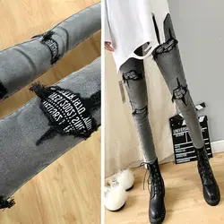 Primavera outono mais tamanho buraco lantejoulas calças de brim mulher streetwear alta elástico estiramento magro lápis calças femininas denim