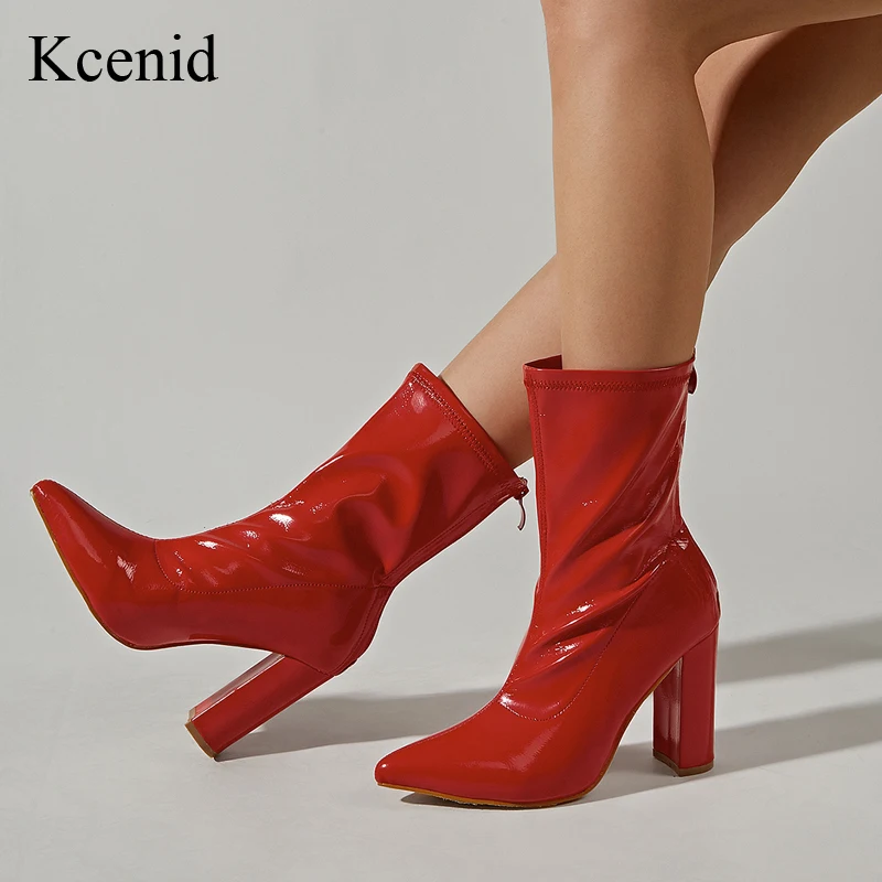 

Kcenid Autumn Winter Boot Women Sexy 10cm High Heels Ankle Boots For Women Patent Leather Zipper Red Pointed Toe Ladies Shoes