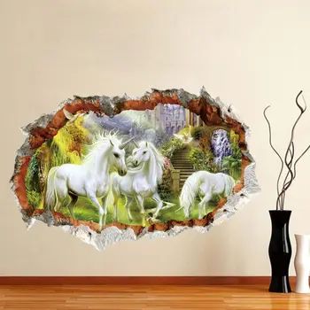 

New White Unicorn Horse Views 3D Broken Wall Sticker Vinyl Decal Home Room Decor Art Mural