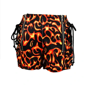 

2019 Summer Hot Short Woman Shorts Sexy Flame Print High Waist Zipper Lace Up Short Femme Street Punk Cool Skinny Mini Bottom