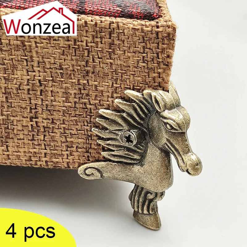 Antique Horse Head Shape Box Corner Protector Retro Bronze Wood Case Jewelry Storage Box Feet Leg Corner Shelf Bracket