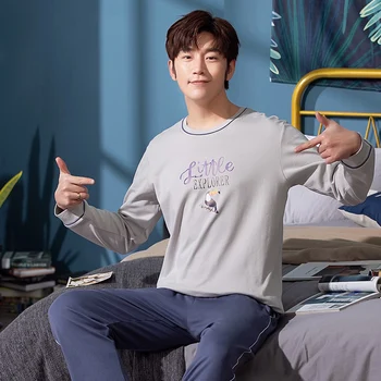 

Plus Size Nightwear Long Sleeve Spring Autumn Cotton Pajamas Sets Print Sleepwear Long Pant Male Men Pajama Set