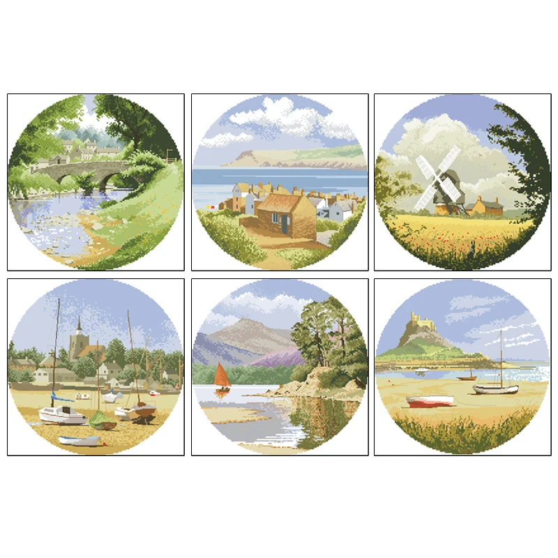 Landscape Series scenery Riverside bridge Coastal Village windmill Beach sailboat Boats