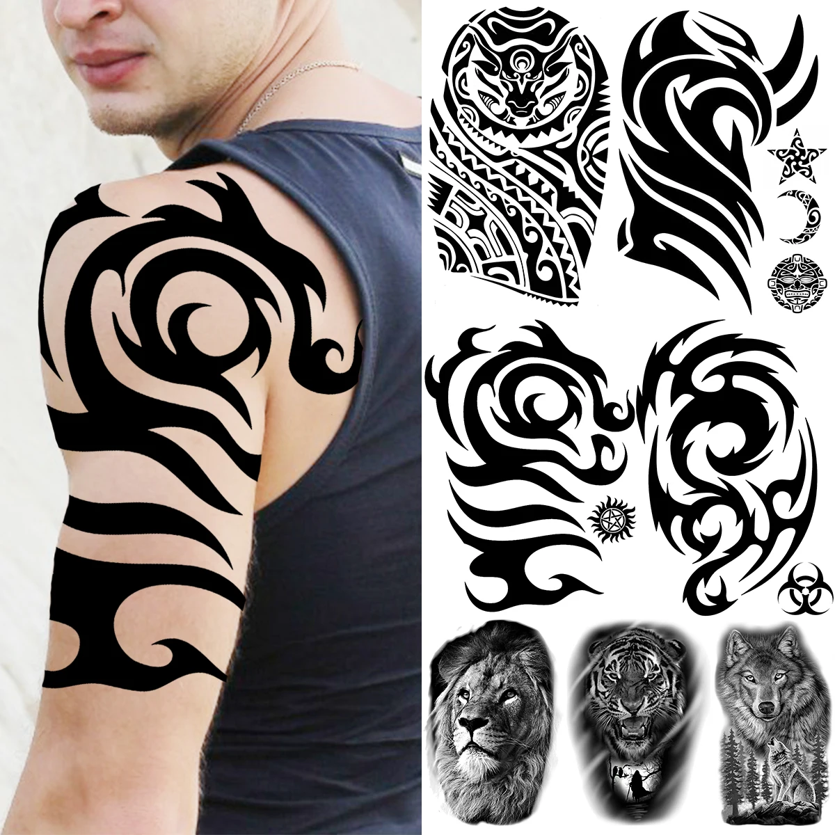 Black Armband Temporary Tattoos For Men Boys Lion Tiger Wolf Totem Fake  Tattoo Sticker Waterproof Arm Body Tatoos Maori - Temporary Tattoos -  AliExpress