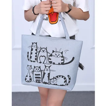 

Newly Women Cute Cartoon Cat Print Canvas Shoulder Bag Zipper Casual Tote Shopping Handbag CTN88