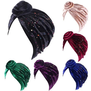 

2020 Women Elastic Turban Muslim Hijab Islamic India Caps Beads Chemo Caps Ladies Hijab Scarf Headwraps Knotted Muslim Turban