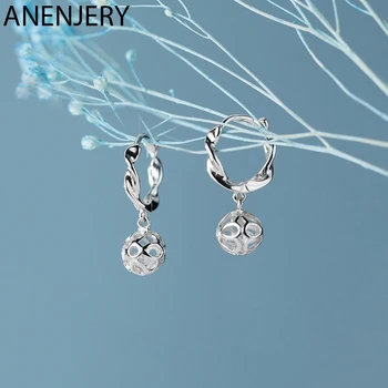 

ANENJERY Cute Twist Hollow Ball Hoop Earrings Silver Color Sparkling Cubic Zircon Ear Jewelry For Women S-E1098