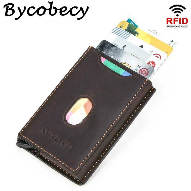 Bycobecy Men and Women Credit Card Holder Vintage Genuine Leather Wallet RFID Blocking Auto Pop-up Aluminum Case | Багаж и сумки