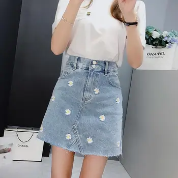 

Small Daisy Mickey Embroidered Denim Skirts Summer Sexy High Waist Bag Hip Mini Skirts Casual A-Line Korean Vintage Pencil Skirt