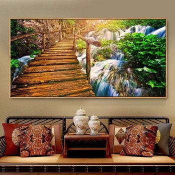 

HD Print Wooden Bridge In The Mountains Oil Painting on Canvas Art Wall Picture for Living Room Cuadros Decoration Home Decor