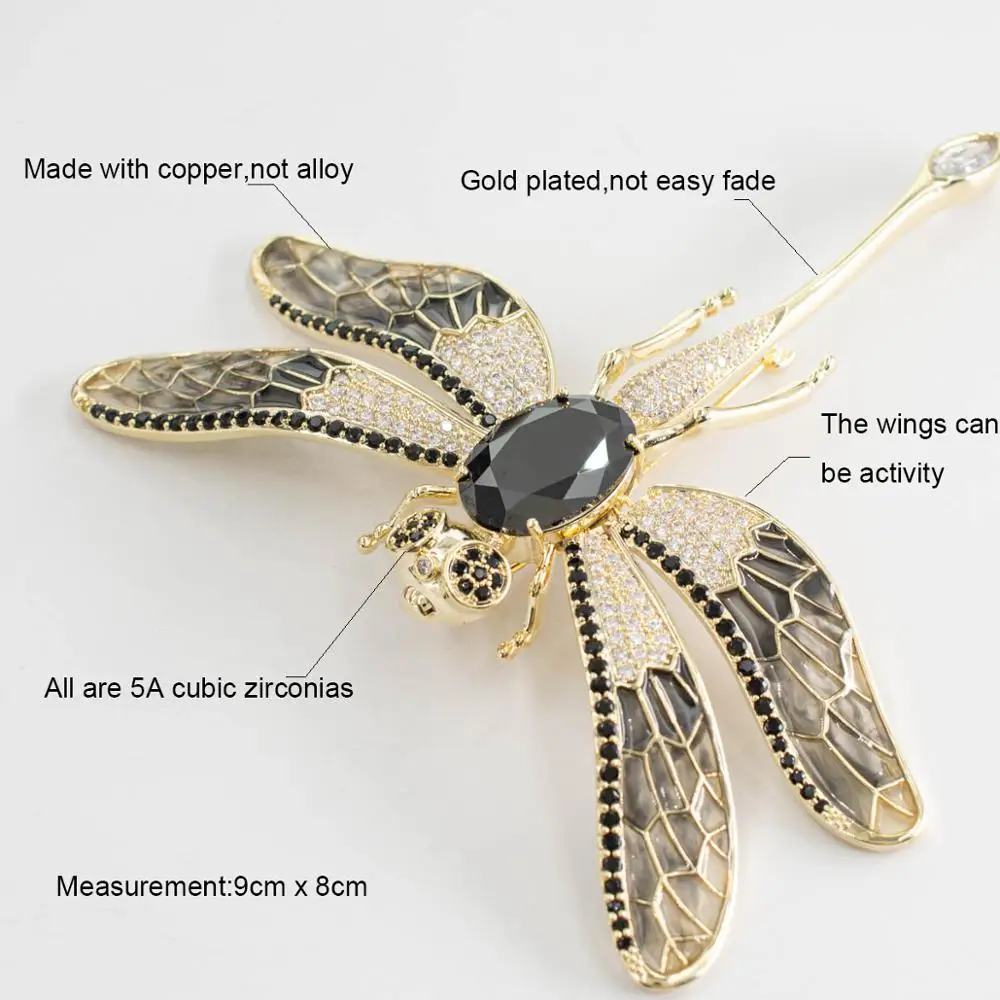 Cubic Zirconia Big Black Insect Dragonfly Brooch Broach Pin Women Jewelry Accessories XR05562