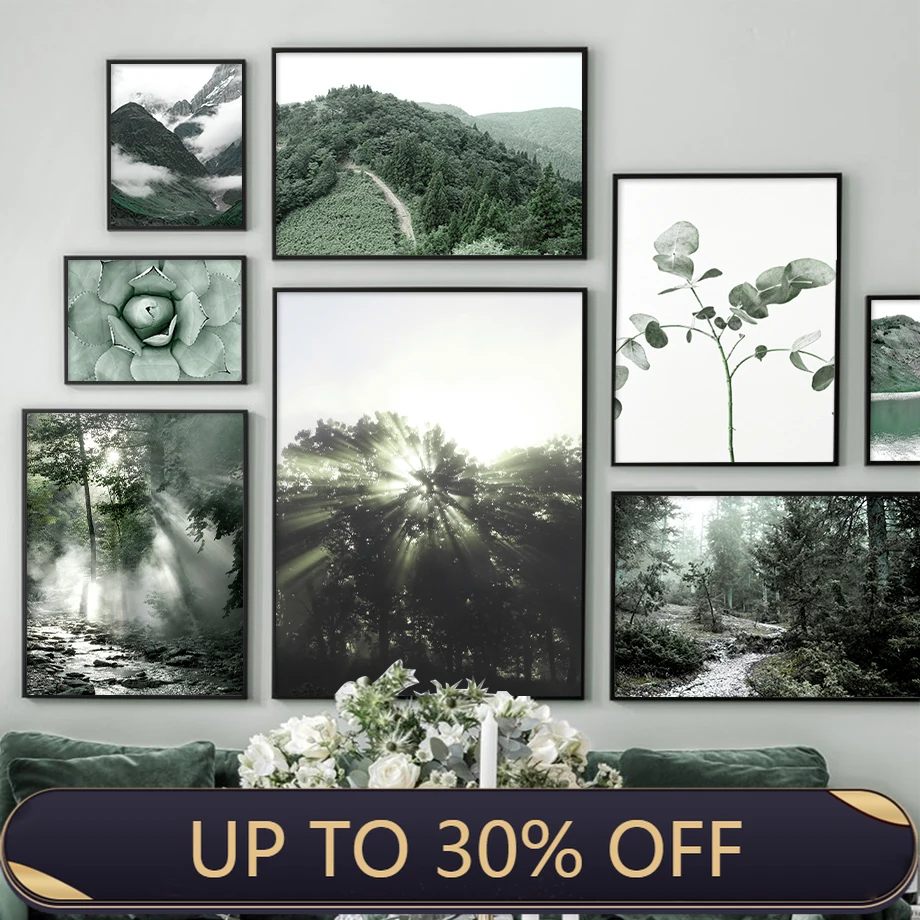 Настенная картина с изображением гор суккулентов солнечного леса озера листьев