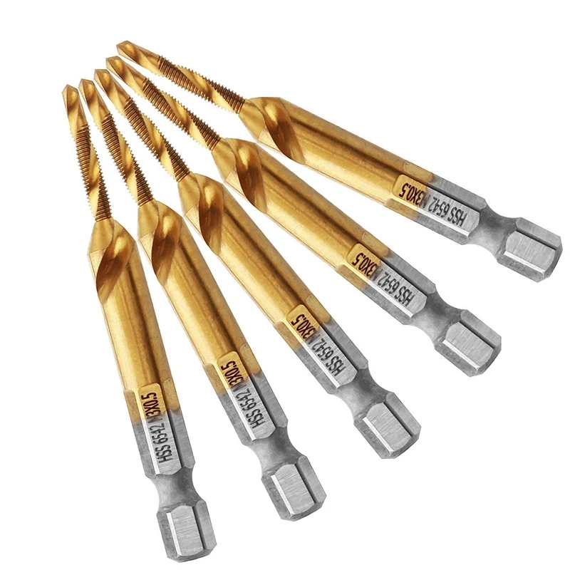 

5Pcs Titanium Combination HSS Drill and Tap Set Metric Thread HSS M3 Screw Tapping Bit Tool 1/4Inch Hex Shank