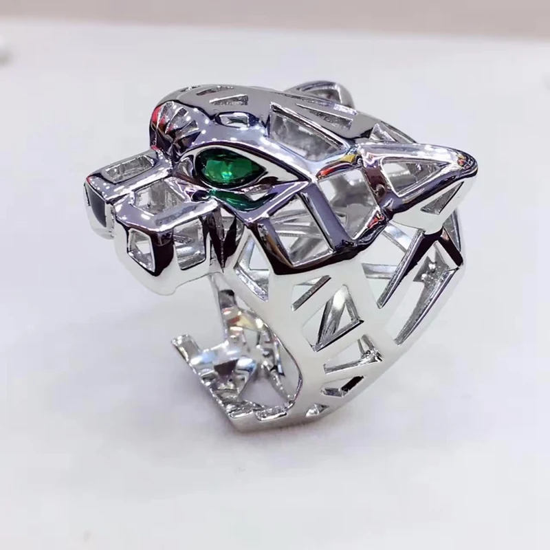

BM Luxury Green Eyes Zircon Leopard Head 925 Sterling Silver Finger Ring Animal Hollow Party Wedding Silver Jewelry