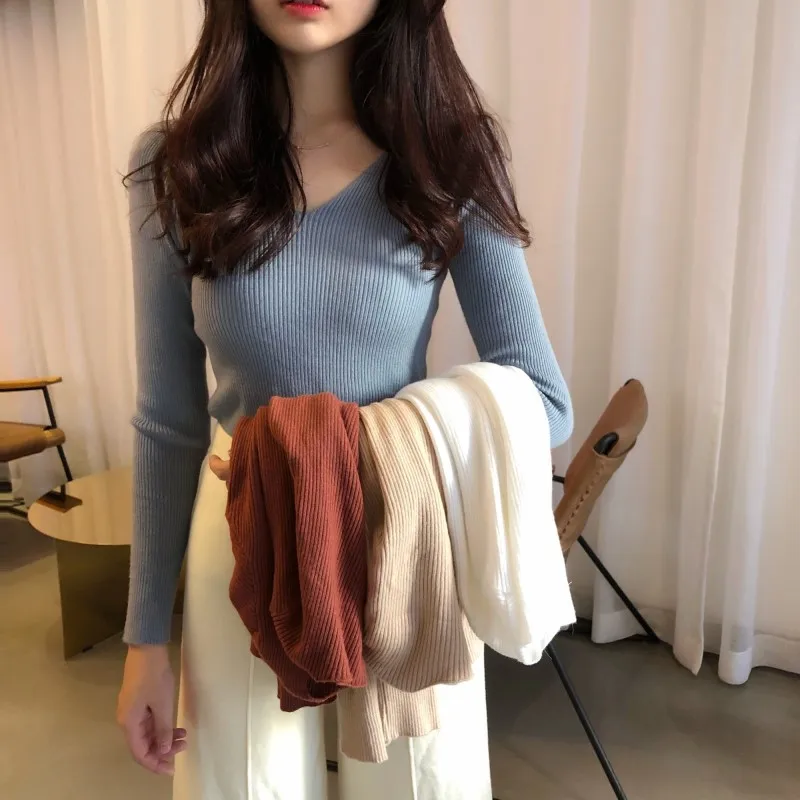 Женский трикотажный свитер с V-образным вырезом в стиле Харадзюку | Женская
