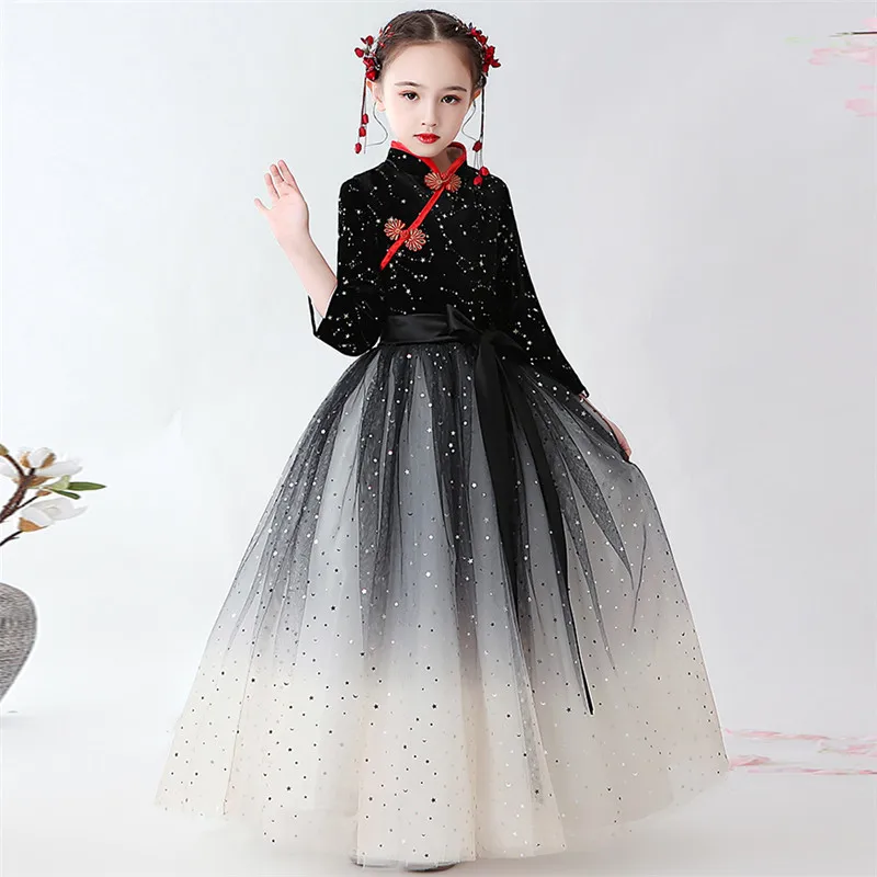 black long dress Г. Осенне-зимнее платье Чонсам в китайском стиле для девочек, детские модные вечерние костюмы, платье, одежда от 3 до 14 лет - Цвет: black long dress