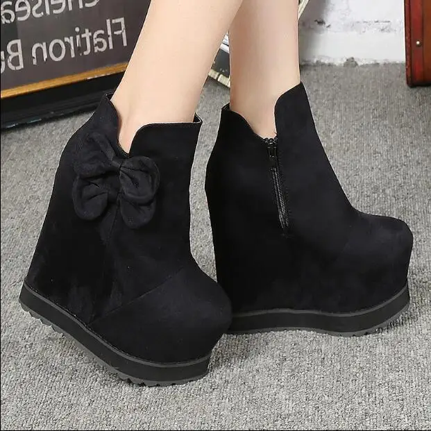 

Wedge bow bare boots thick bottom muffin bottom Martin boots side zipper 15CM super high heel ankle boots