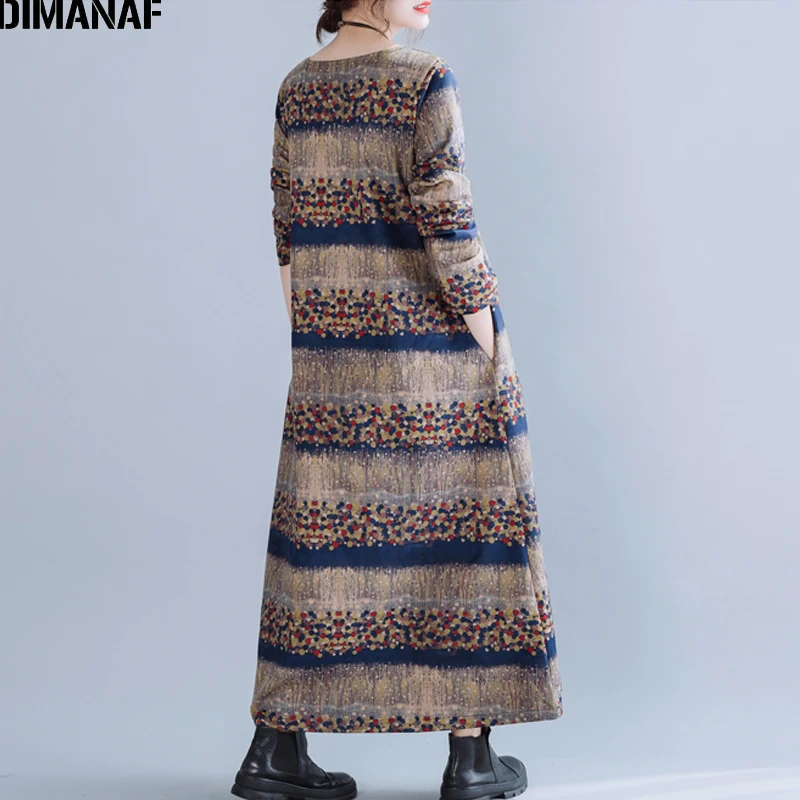 DIMANAF, женское платье размера плюс, зима-осень, винтажное, китайский стиль, Vestidos, элегантное, женское, с длинным рукавом, свободное, макси платье