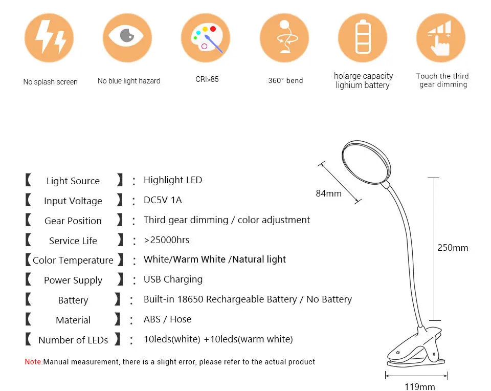 Клипса на светодиодный настольная лампа с регулируемой яркостью 3 режима USB Настольная лампа с зарядкой сенсорный переключатель лампа для чтения книг в общежитии настольная прикроватная лампа