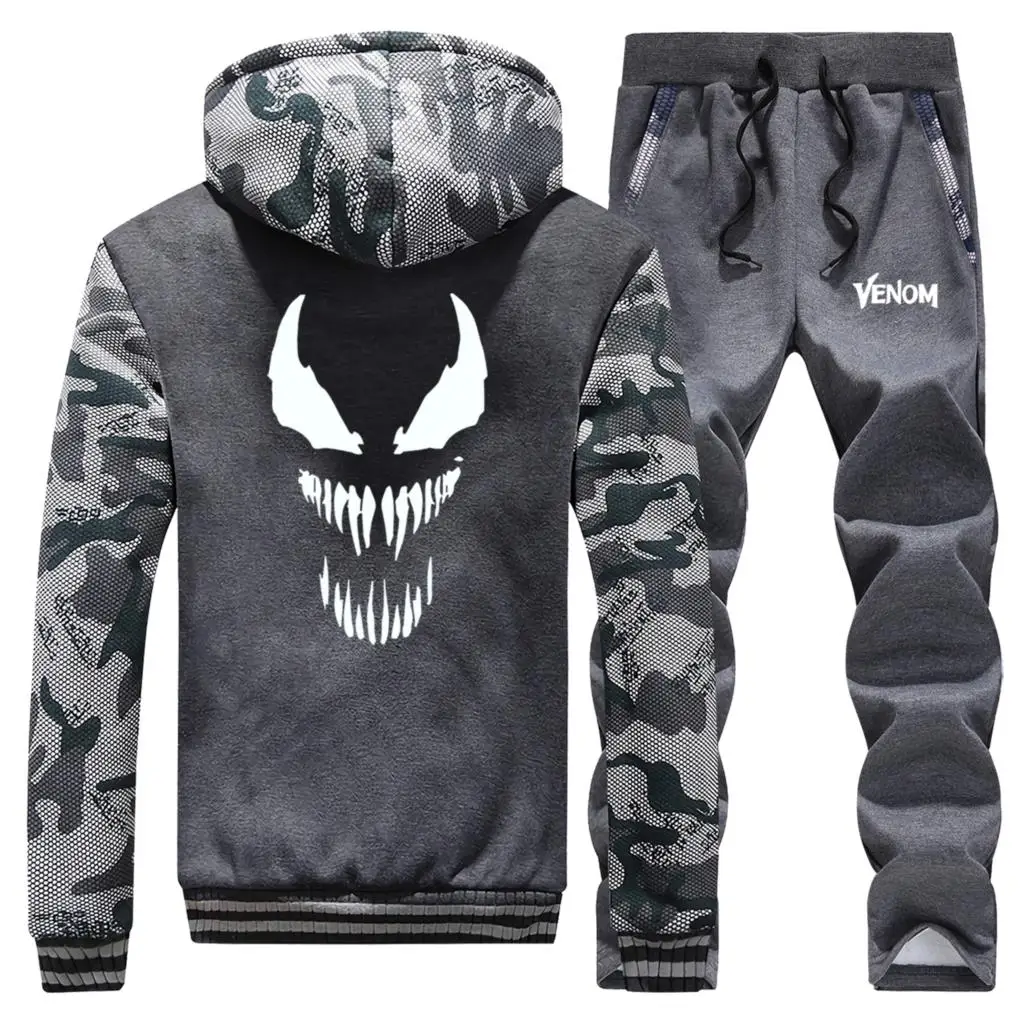 Venom Marvel Лидер продаж зимние мужские толстовки камуфляжное пальто плотный костюм с длинным рукавом теплые куртки спортивная одежда+ брюки комплект из 2 предметов