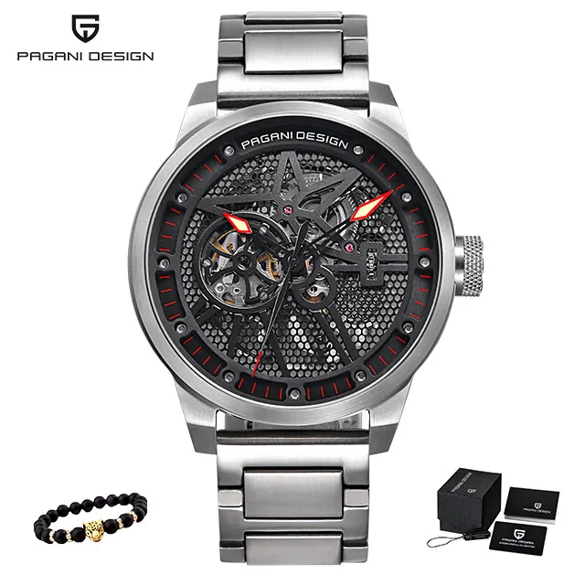 S-silver red Модный Роскошный бренд Pagani кожаный Tourbillon часы Автоматические Мужские часы Мужские механические стальные часы Relogio Masculino+ коробка - Цвет: S-silver red