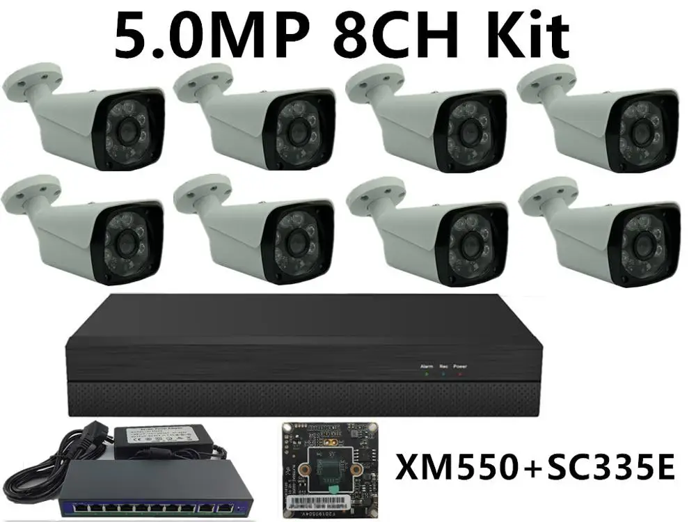 8CH IP комплект видеонаблюдения 5.0MP 4.0MP 3.0MP 2.0MP IP цилиндрическая камера IP66 IRC 48 В PoE камера переключатель NVR H.265 CMS XMEYE P2P Облако - Цвет: 5.0MP XM550 SC335E
