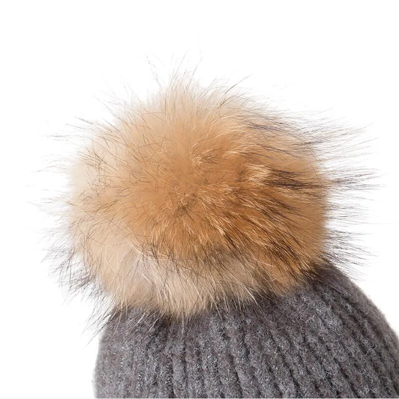 HANGYUNXUANHAO Winter Hat Women Knitted Beanie Hat Real Raccoon Fur Pompom Hat for Female Kids Warm Chunky Thick Stretchy Hat