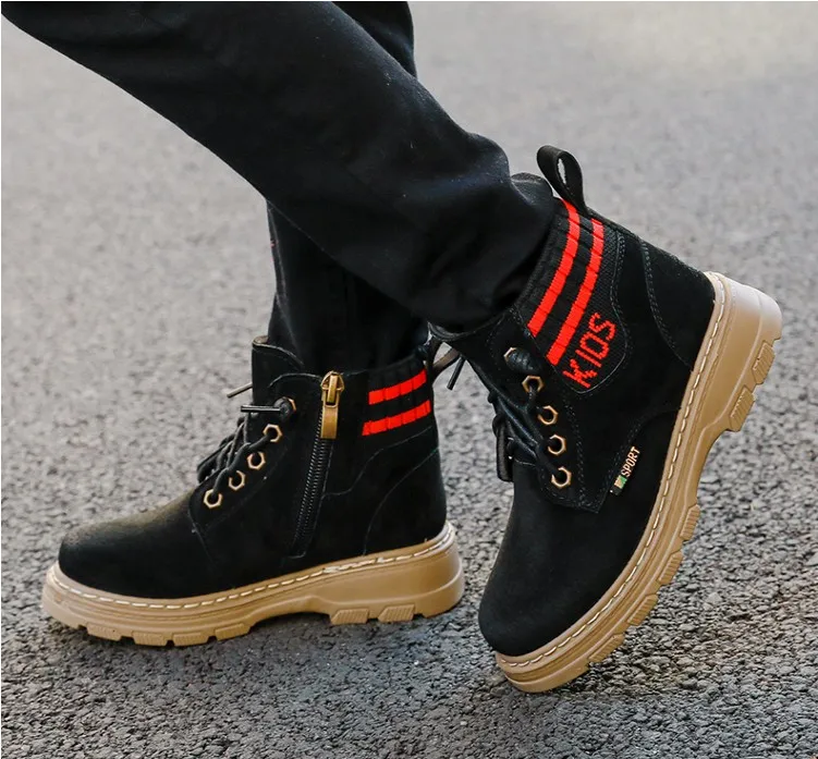 Children's Snow Boots Winter new Boys Short Boots British Wind Plus Velvet Boy Genuine Leather 2-14 Years Kids Cotton Boots - Цвет: Черный