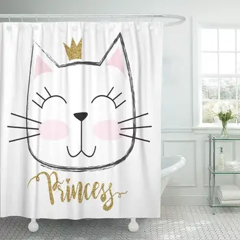 

Face Cute Princess Cat Crown Baby Child Creative Girlish Shower Curtain Waterproof Polyester Fabric 72 x 78 Inches Set with Hook