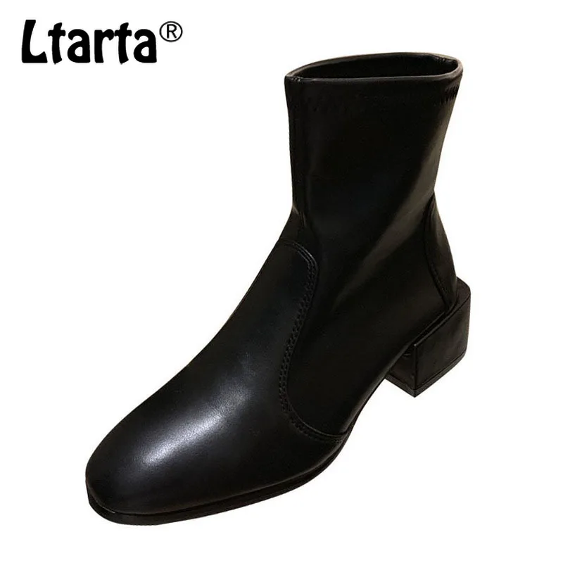 LTARTA/ универсальные полусапожки на толстом каблуке с квадратным носком; эластичные полусапожки на тонком среднем каблуке; женская обувь; облегающие высокие сапоги; JXQ