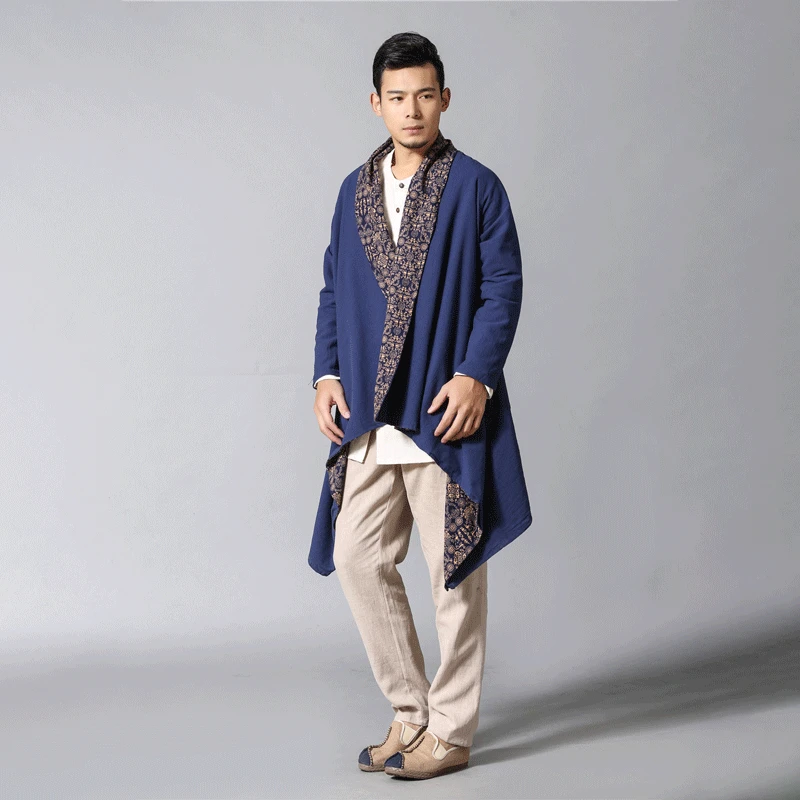 Ma fan bu yi Ethnic-Style Men'S Wear Autumn And Winter Trench Coat Double-sided Wear Floral-Print Mantle Pockets Long Coat
