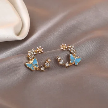 

2020 New Cute Enamel Butterfly Rhinestone Flower Circle Stud Earrings for Women Sweet Fashion Wreath Ear Jewelry Brincos Gift