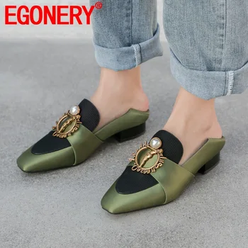 

EGONERY woman leather silk mules shoes roman-style loafers shoes pearl flats shoes autumn spring green pink cute shoes