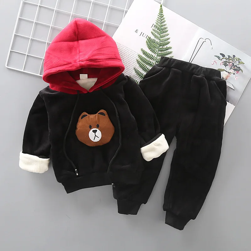 YQ xiongF Black Детские зимние Повседневная одежда костюм для мальчиков с героями мультфильмов для девочек; Вельветовая плотная куртка с капюшоном, футболка и брюки, 2 шт./компл. детская спортивная одежда - Цвет: YQ xiongF Black