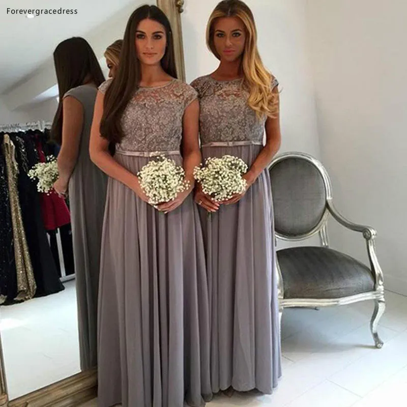 

Elegant Chiffon Country Long Bridesmaid Dress Grey Appliques Lace Formal Modest Beach Maid of Honor Gown Plus Size Custom Made