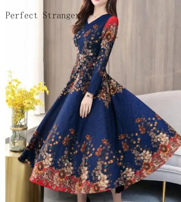 Koop Hoge Kwaliteit Plus Size S 5XL Herfst Winter Nieuwe Collectie V Kraag Bloem Gedrukt Lange Mouwen Vrouw Lange Jurk