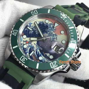 Bliger new nh35 movement auto winding men watch sapphire glass ceramic band bezel Camouflage rubber strap 40mm Luminous watch