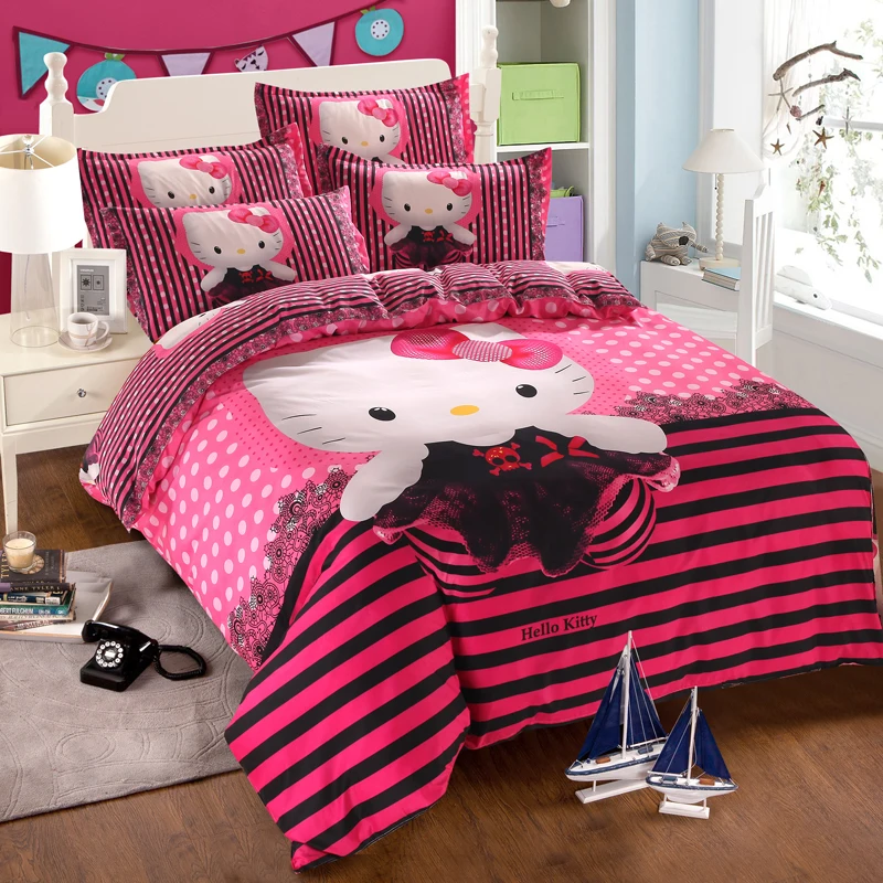 Темный хаки Комплект постельного белья Hello Kitty, детский хлопковый пододеяльник с мультяшным рисунком, Комплект постельного белья, простыня, наволочка, Твин, полный комплект постельного белья, детские подарки - Цвет: Темный хаки