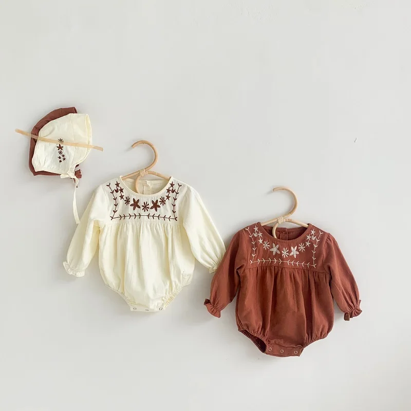 Baby Clothing Set 2pcs/set Spring Newborn Cotton Baby Bodysuit Romper Baby Girls Flower Embroidery Collar Shirt Top+Hat Cute Infant Clothes Set Baby Clothing Set comfotable